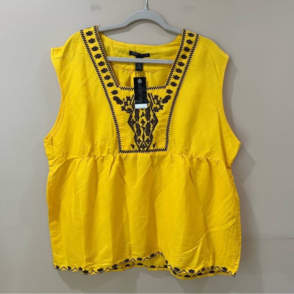 Sherry Taylor Top Yellow Womens Plus 1X Embroidered Sleeveless Boho NWT Z82705